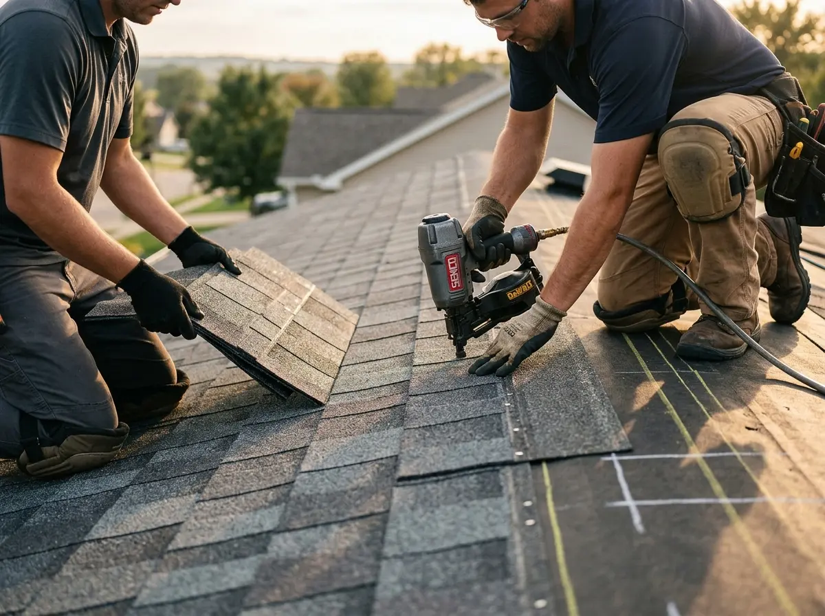 Professional roofer working on a residential roof in Kearns